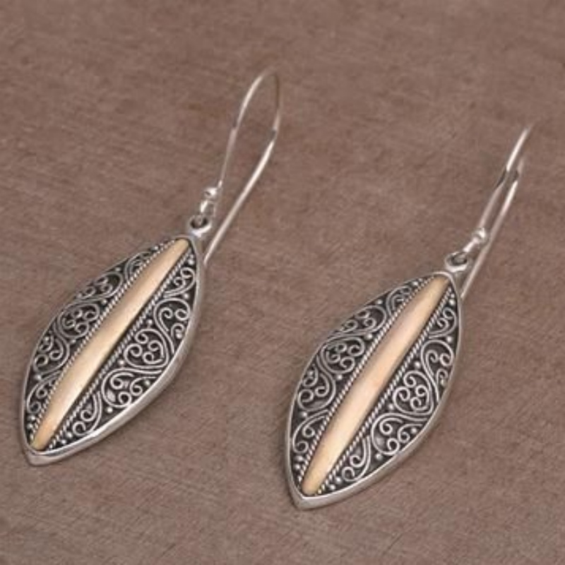 Women's Vintage Silvery Leaf Dangle Earrings, Two-Tone Pendant